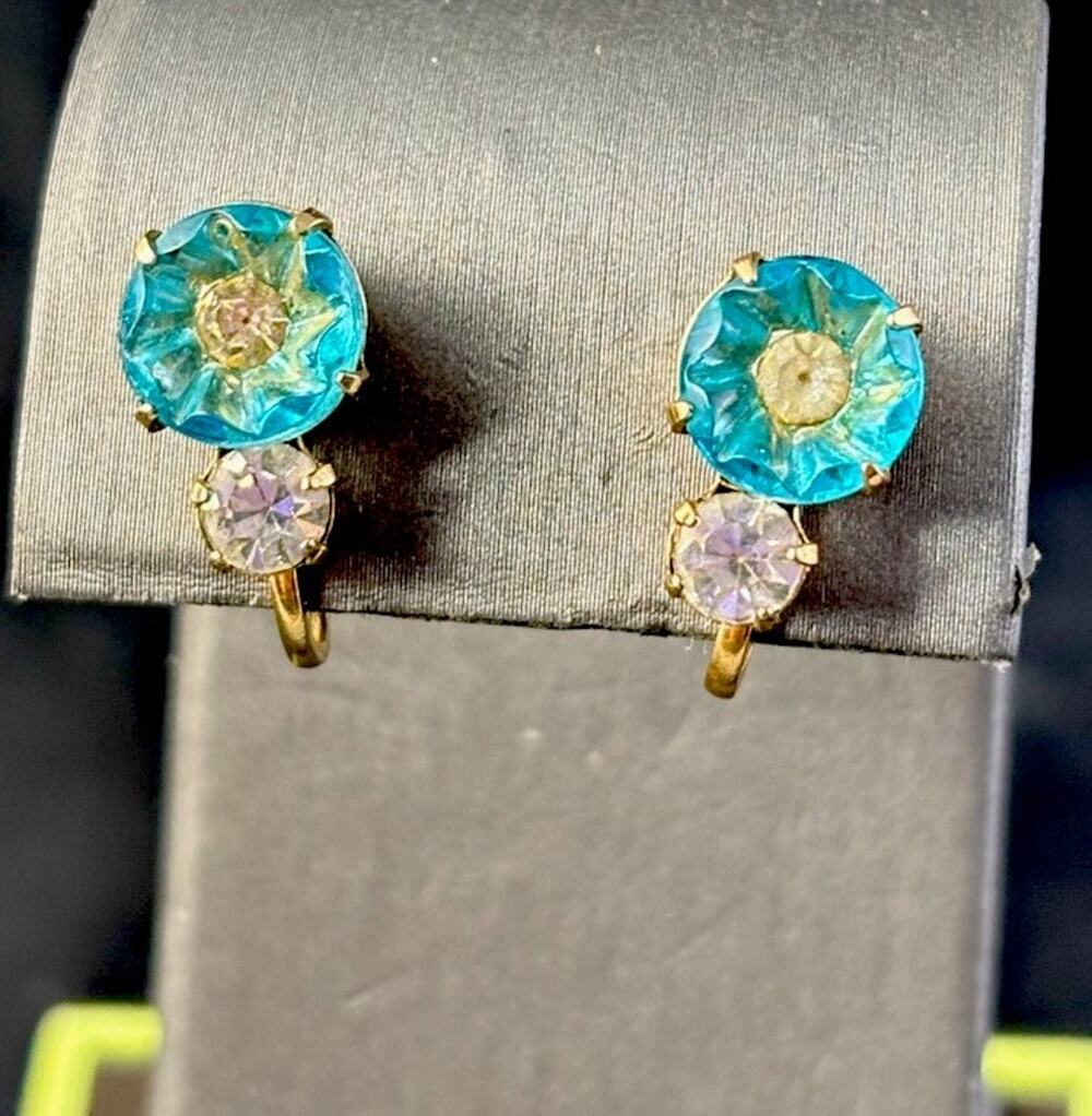 Art deco Blue Unique Faceted & Clear rhinestones Gold Plated Screw Back Earrings